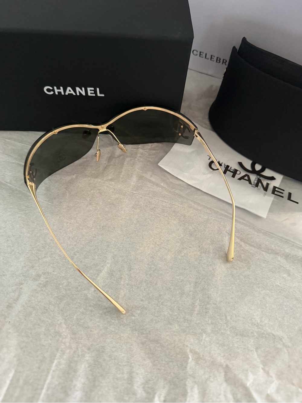 $950 Authentic CHANEL Gray Shield Sunglasses with Gold - Picture 6 of 12